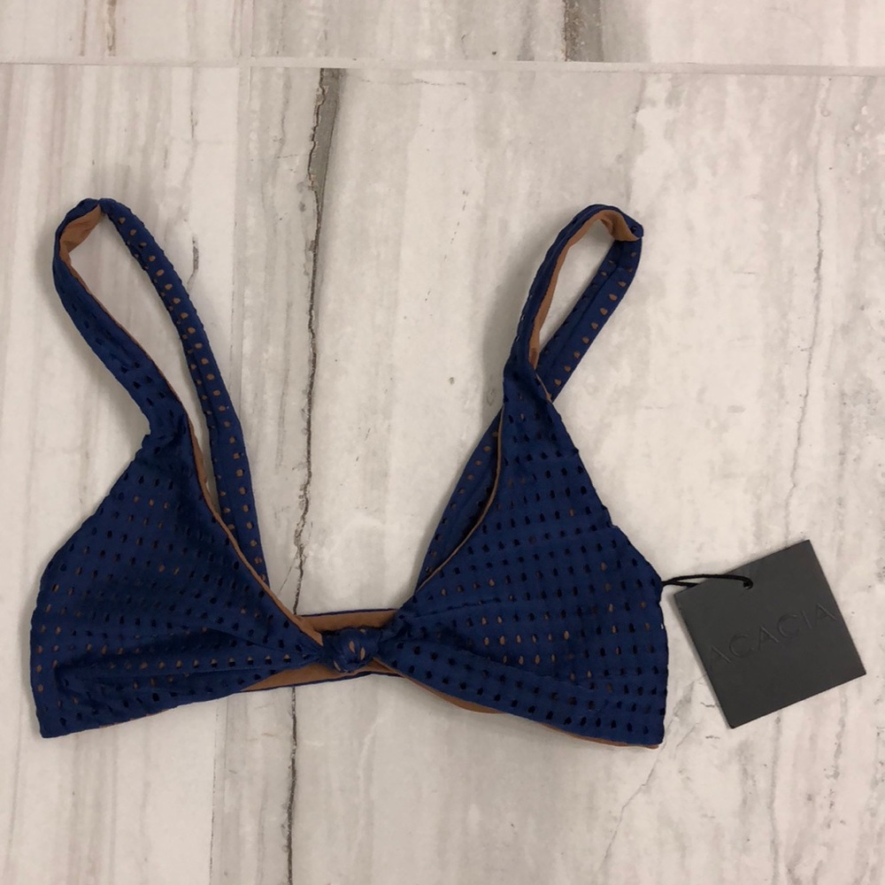 Acacia Swimwear Blue and Tan Bikini Top